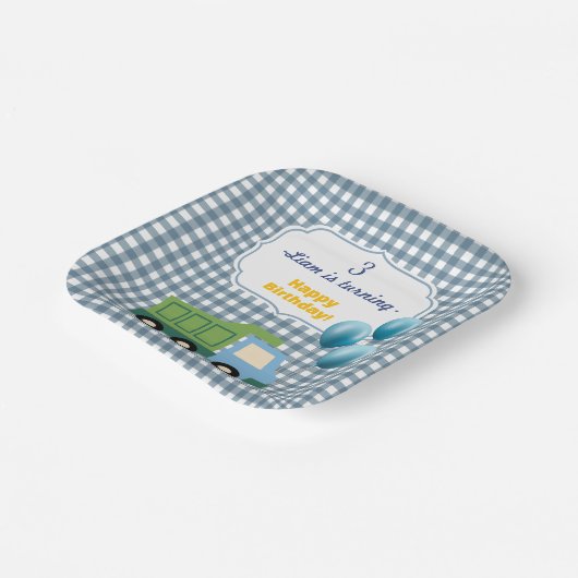 Aesthetic Gingham Blue Construction 3rd Birthday  Papieren Bordje (Gebogen)