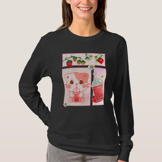 Aesthetic Harajuku Cute Cat Drink Strawberry Boba  T-shirt (Voorkant)