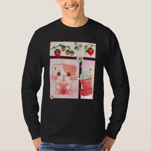 Aesthetic Harajuku Cute Cat Drink Strawberry Boba  T-shirt (Voorkant)