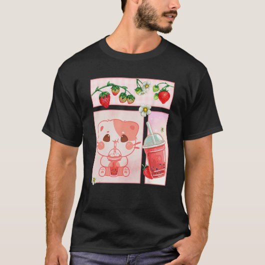 Aesthetic Harajuku Cute Cat Drink Strawberry Boba  T-shirt (Voorkant)