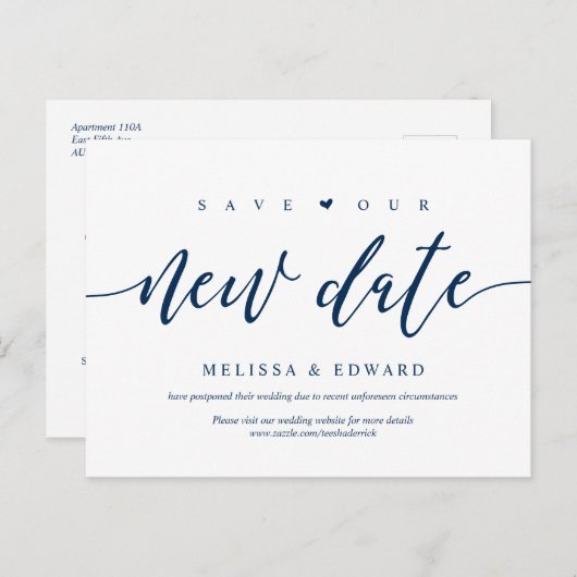 Aesthetic Navy Blue, Save our new date, postponed Briefkaart (Voorkant / Achterkant)