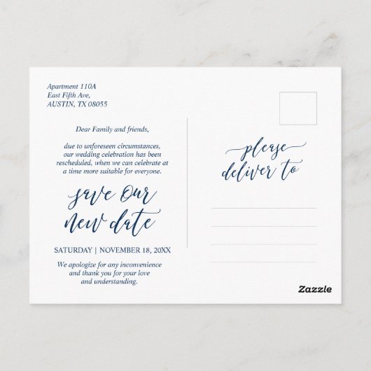 Aesthetic Navy Blue, Save our new date, postponed Briefkaart (Achterkant)