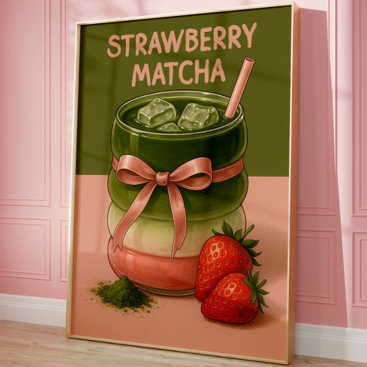 Aesthetic Strawberry Matcha Art Print, Food art Poster