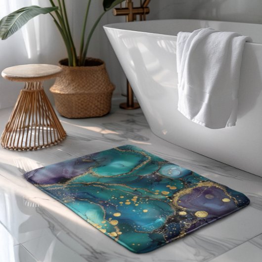 Aesthetic Turquoise & Gold Flowing Marble Badmat