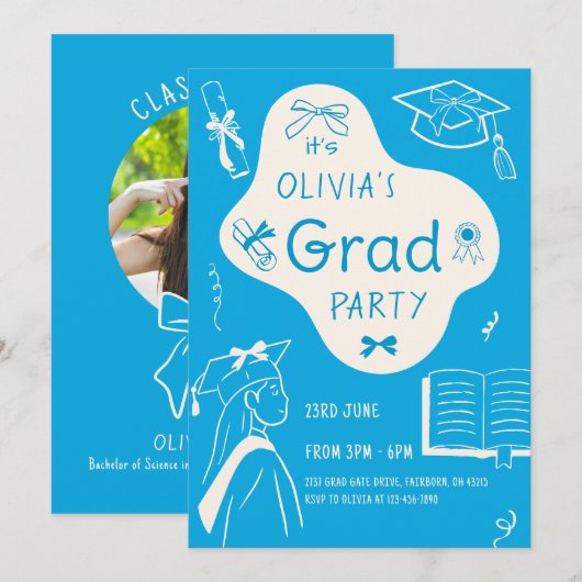 Aesthetic Whimsical Hand Drawn Graduation Party  Kaart (Voorkant / Achterkant)