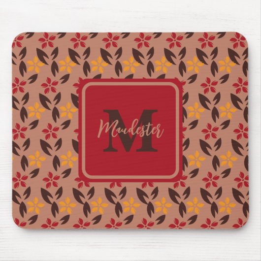 Aesthetisch bruin Burgundy Monogram Floral Pattern Muismat (Voorkant)
