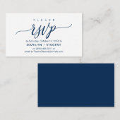 Aesthetisch marineblauw script, Bindende RSVP reag Informatiekaartje (Voorkant / Achterkant)