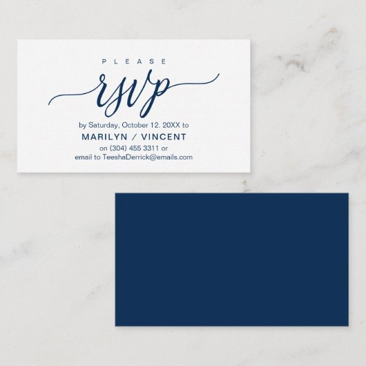 Aesthetisch marineblauw script, Bindende RSVP reag Informatiekaartje (Voorkant / Achterkant)