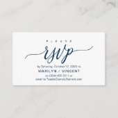 Aesthetisch marineblauw script, Bindende RSVP reag Informatiekaartje (Voorkant)