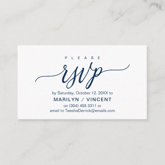 Aesthetisch marineblauw script, Bindende RSVP reag Informatiekaartje (Voorkant)