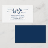 Aesthetisch marineblauw script, party RSVP reageer Informatiekaartje (Voorkant / Achterkant)