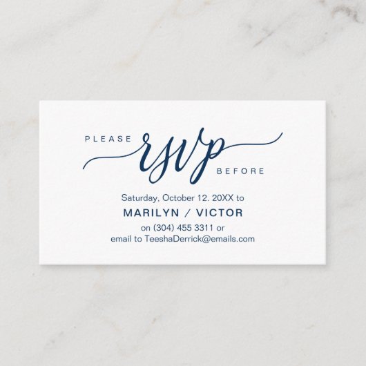Aesthetisch marineblauw script, party RSVP reageer Informatiekaartje (Voorkant)