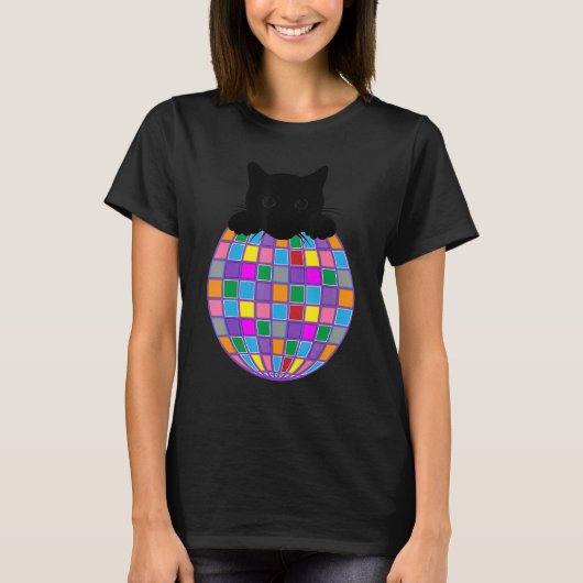 Aesthetische Disco Ball Psychedelic Black Cat Disc T-shirt (Voorkant)