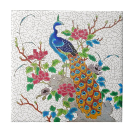 Aesthetische Franse Longwy Peacock Repro 1870 Tegeltje (Voorkant)