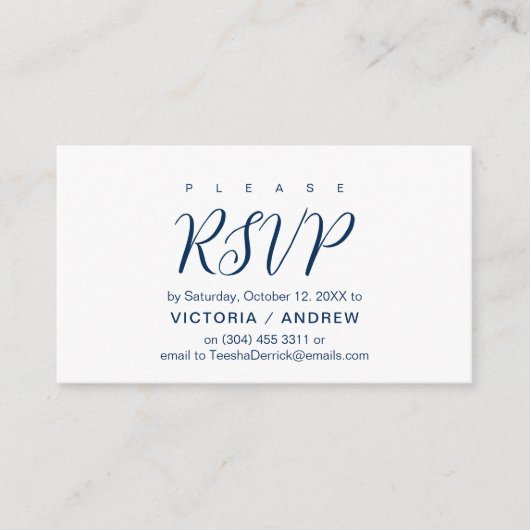Aesthetische Navy Blue font, Wedding RSVP-reactie Informatiekaartje (Voorkant)