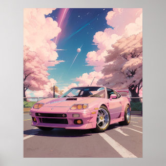 Aesthetische roze parelroze auto's die in Tokio ri Poster