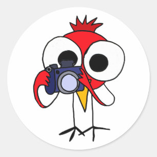 AF- Rode Kardinaal Vogel met Camera Cartoon Ronde Sticker