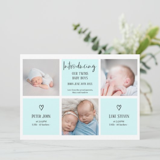 Afbeelding 3 Fotocollage blauwe baby tweeling gebo Aankondiging (Staand voorkant)