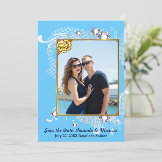 Afbeelding Blauw en goud Lijst & diamanten Opslaan Save The Date (Staand voorkant)