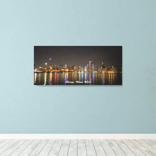 Afbeelding Canvas Chicago Skyline Nachtfoto (Insitu (Houten vloer))
