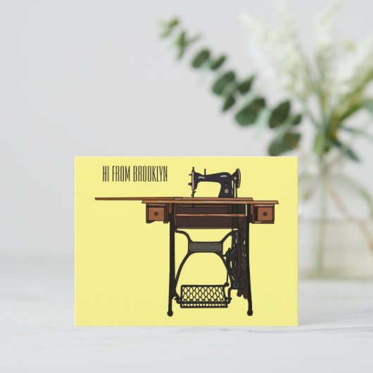 Afbeelding cartoon naaimachine briefkaart (Staand voorkant)