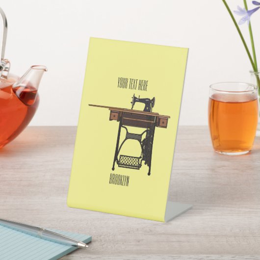 Afbeelding cartoon naaimachine reclamebord met voetstuk (Insitu)