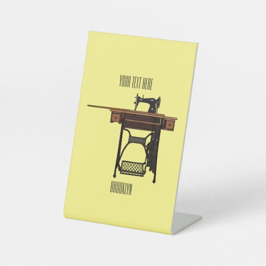 Afbeelding cartoon naaimachine reclamebord met voetstuk (Voorkant)