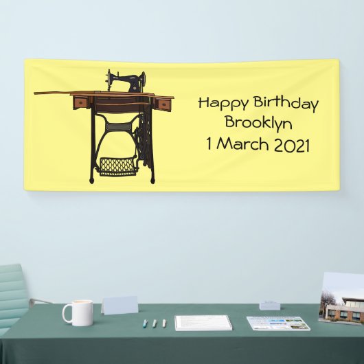 Afbeelding cartoon naaimachine spandoek (Beurs)