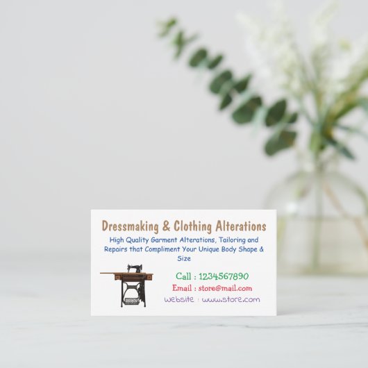 Afbeelding cartoon naaimachine visitekaartje (Staand voorkant)