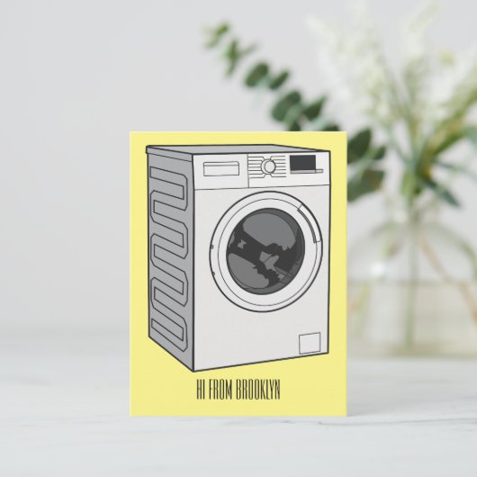 Afbeelding cartoon wasmachine briefkaart (Staand voorkant)