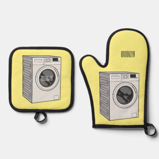 Afbeelding cartoon wasmachine ovenwant & pannenlap set (Voorkant)