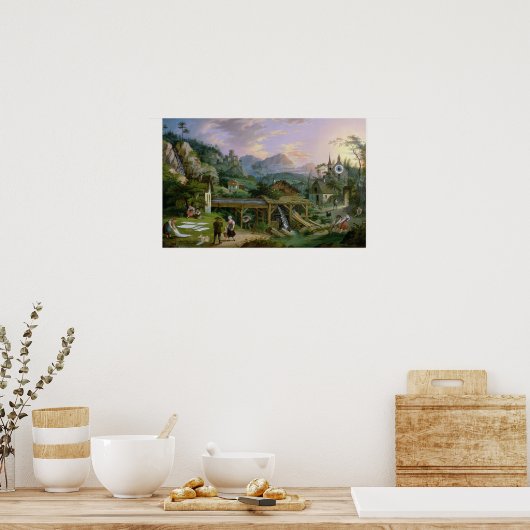 Afbeelding Clock met scène uit een Alpendorp Poster (Keuken)