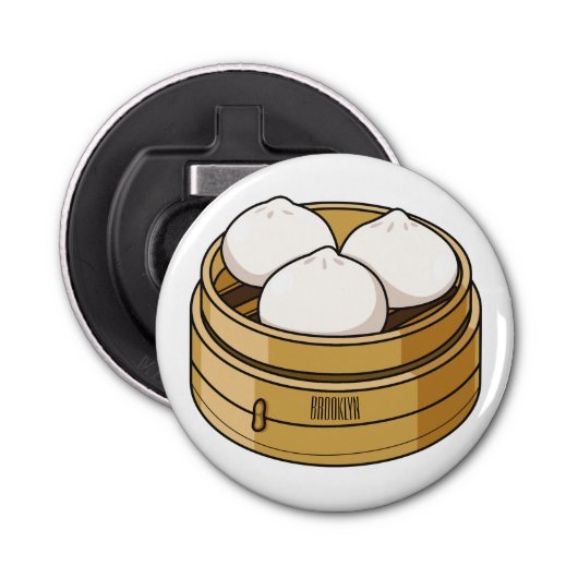 Afbeelding dim sum cartoon button flesopener (Voorkant)