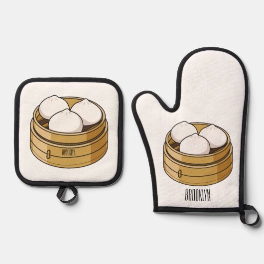 Afbeelding dim sum cartoon ovenwant & pannenlap set (Voorkant)