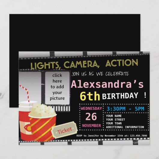 AFBEELDING FILM VERJAARDAGSFEESTUITNODIGING KAART (Voorkant / Achterkant)