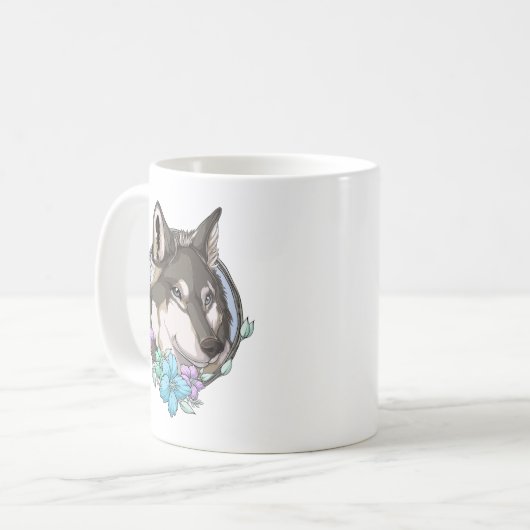 Afbeelding Gray Wolf en Flowers Koffiemok (Voorkant links)