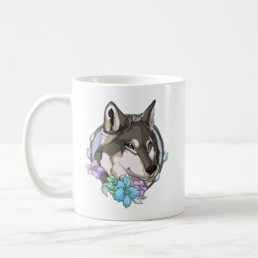 Afbeelding Gray Wolf en Flowers Koffiemok (Links)