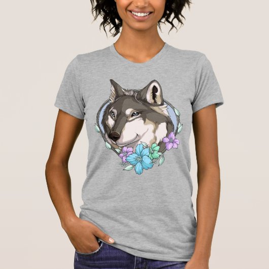 Afbeelding Gray Wolf en Flowers T-shirt (Voorkant)