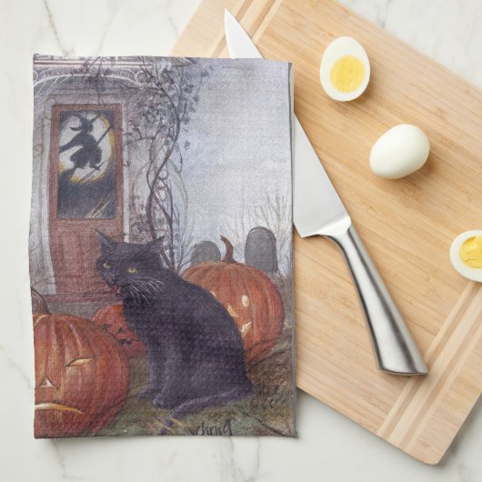 Afbeelding Halloween Hauted House met Black Cat Theedoek (Quarter Fold)