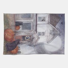 Afbeelding Halloween Hauted House met Black Cat Theedoek