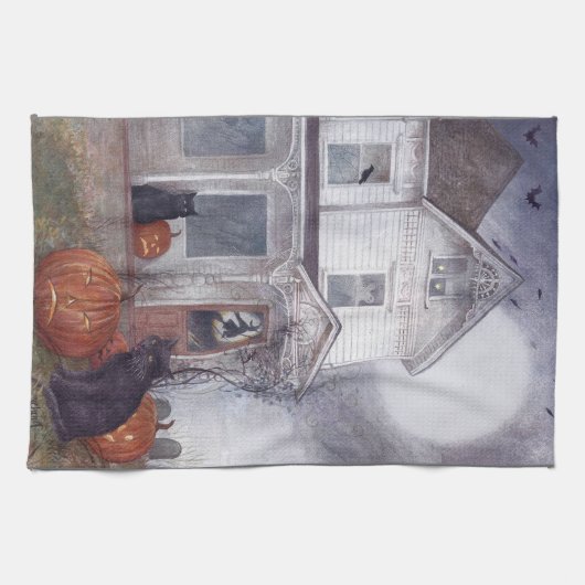 Afbeelding Halloween Hauted House met Black Cat Theedoek (Horizontaal)