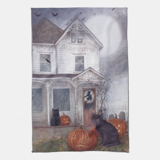 Afbeelding Halloween Hauted House met Black Cat Theedoek (Verticaal)