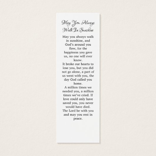 Afbeelding Memorial Funeral Prayer Bladwijzer Mini Visitekaartjes (Achterkant)