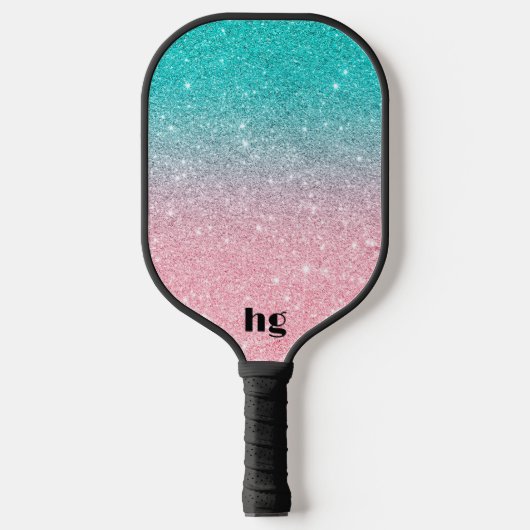 Afbeelding met roze en turquoise glitter textuur pickleball paddle (Voorkant)