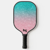 Afbeelding met roze en turquoise glitter textuur pickleball paddle (Achterkant)