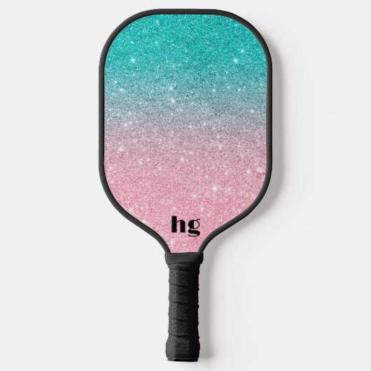 Afbeelding met roze en turquoise glitter textuur pickleball paddle (Achterkant)