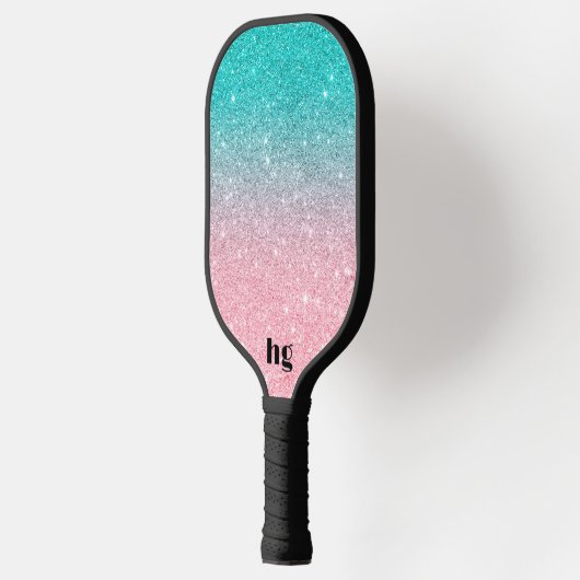 Afbeelding met roze en turquoise glitter textuur pickleball paddle (Links)