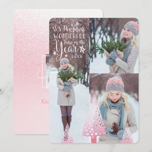  afbeelding met roze glitter pine - meervoudige fo feestdagenkaart (Voorkant / Achterkant)