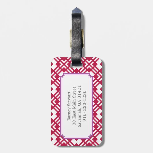 Afbeelding rood abstract geometrisch monogram bagagelabel (Achterkant verticaal)