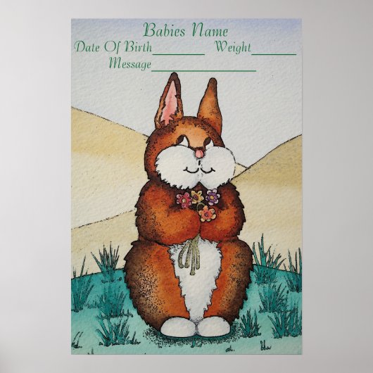 afbeelding van de bruine bunny nieuwe babyinformat poster (Voorkant)